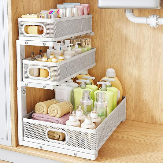 HERJOY Under Sink Organizer, 1-Pack 3-Tier Height Adjustable Thickened Metal Pull out Cabinet Organizer Shelf, Slide out Storage Drawer Rack for Bathroom Kitchen Pantry Home Laundry Organization