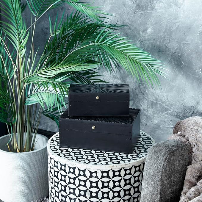 CosmoLiving by Cosmopolitan Wood Geometric Decorative Box Decorative Keepsake Boxes with Hinged Lid, Set of 2 Storage Boxes 10", 8"W, Black