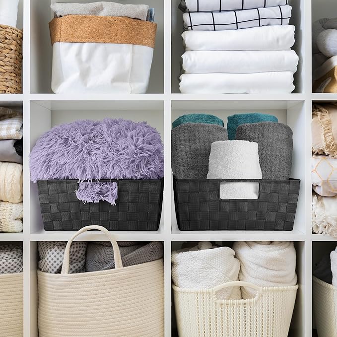 Sorbus Set of 3 Large Woven Storage Baskets – Mesh Hand-Woven Baskets for Organizing, Fabric Storage Bins for Linen Closet Organizer, Storage Baskets for Shelves and Home Organization (Black)