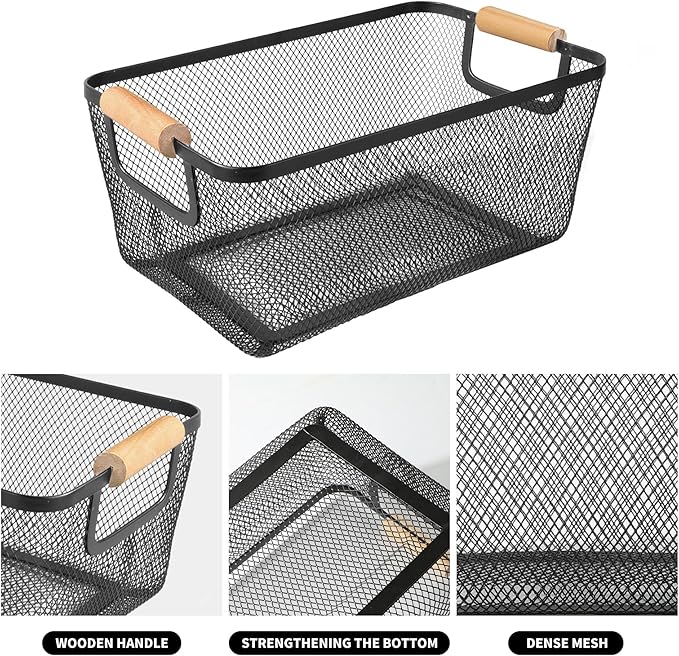2 Pack 12" Wide Metal Mesh Baskets with Bamboo Handles for Pantry Organization | Wire Storage Bins for Kitchen, Cabinet, Fruit & Snacks | Decorative Farmhouse Style Organizer