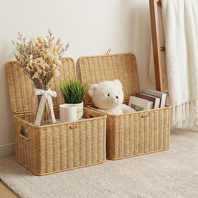 Nonam Wicket Basket with Lid, Large Shelf Baskets for Boho Deco, Plastic Storage Organizer Bins-Stackable Containers Boxes for Home & Office Shelves, Kitchen, Garage and Bathroom Organization, Natural