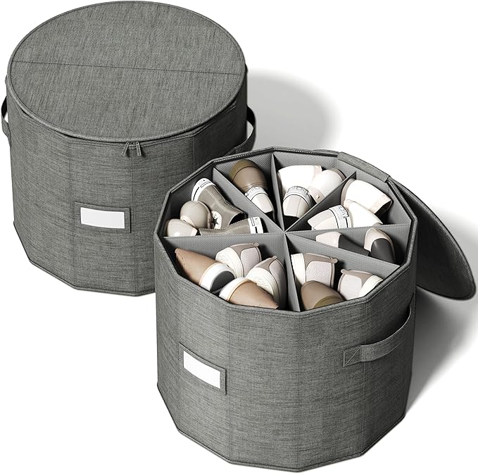 Vailando Shoe Organizer for Closet - Cylindrical Shoe Storage Organizer with Adjustable Dividers for Closet, Foldable Shoe Storage Box, Gray, 2-Pack, Large