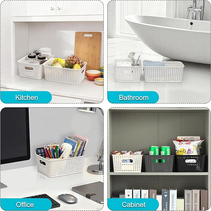 Soddeph 6 Pack Plastic Storage Baskets with Handles,Stackable Organizer Bins for Closet, Bathroom, Kitchen, Office, Shelf and Cabinet Organization (White, Grid-6PACK)