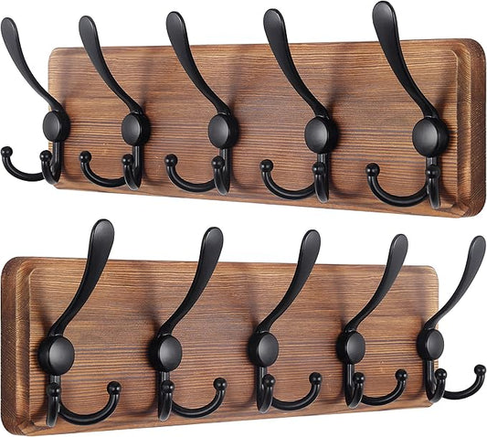 SKOLOO Rustic Wall Mounted Coat Rack: 16" Hole to Hole, Pine Real Wood Plank Wall Coat Rack with 5 Triple Hooks, Farmhouse Coat Hanger Wall Mount for Hanging Backpack Jacket Coat Hat,Pack of 2