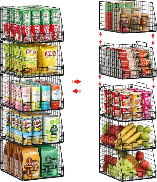 5 Pack XXL Stackable Wire Storage Basket, Extra Large Capacity Pantry Organizer and Storage, Muti-Purpose for Fruit Vegetable Basket & Toy Bin & Snack Organizer