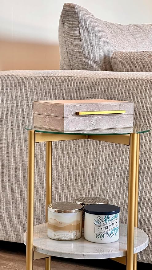 Sagala Ivory Shagreen Decorative Small Box With Gold Handle, Faux Leather Jewelry Storage Boxes For Memory Home Organizer(Ivory-Gold, 1pack)