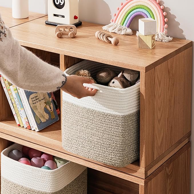 joybest 13x13x13 Inch Cube Storage Bins Set of 4, Cotton Rope Woven Organizer Basket for Shelves, Cube Bin Square Shelves Organizer Closet Storage, Nursery, Toy Organization, Brown&White