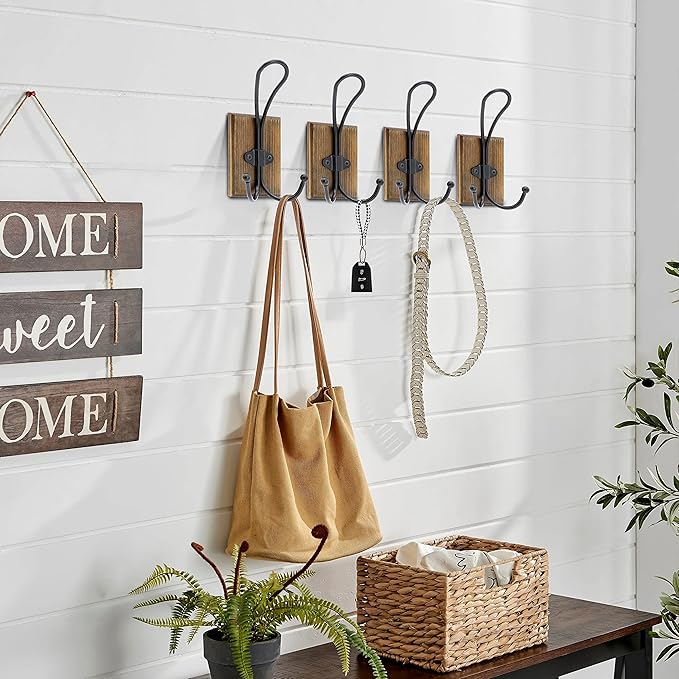 Wall Hooks for Hanging, 4 Pack Farmhouse Towel Hooks for Bathrooms, Hat Hangers,Coat Hooks,Coat Rack for Robe Keys Purse(Weathered Brown)