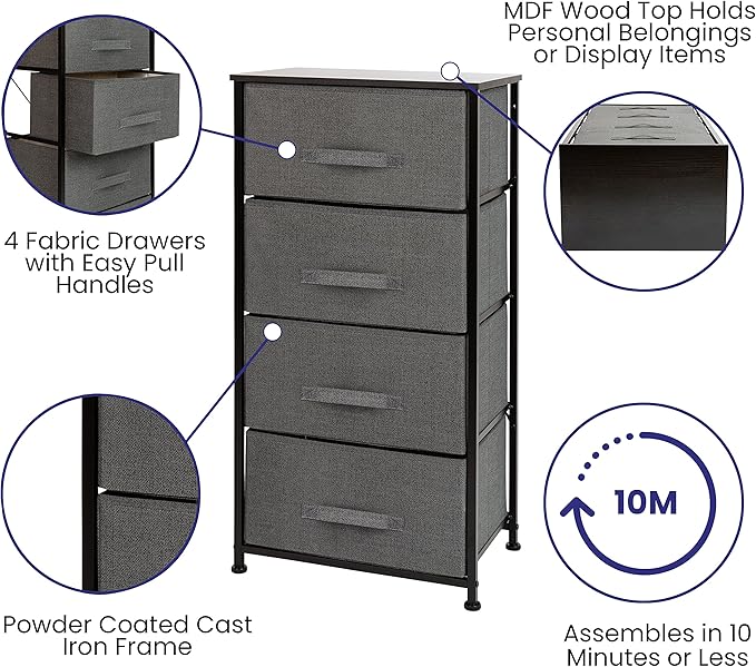 Flash Furniture Harris 4 Drawer Storage Dresser - Black Cast Iron Frame and Wood Top - 4 Easy Pull Dark Gray Fabric Drawers