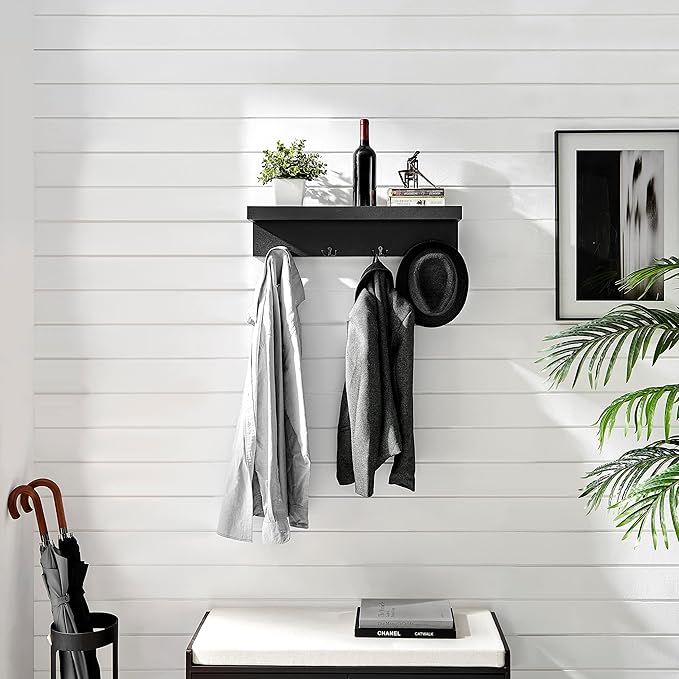 Danya B Wall Mounted Entryway Floating Coat Rack with Four Hanging Hooks and Decorative Ledge Shelf - Great for Entryways, Hallways, Bedrooms, Kitchens, and Bathrooms (Black)