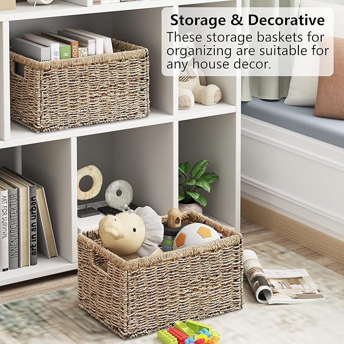 Vagusicc Wicker Storage Basket, Set of 2 Hand-Woven Sea Grass Storage Baskets for Organizing, 17 inch Small Wicker Basket for Shelves, Foldable Cube Organizer Bins for Bathroom