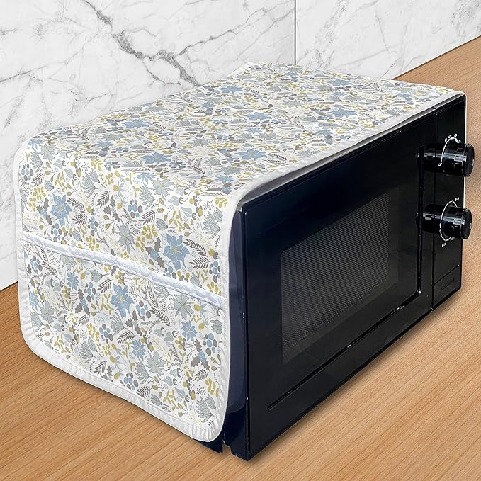 Ambesonne Botanical Microwave Oven Cover, Wildflowers and Berries Scattered, Water Resistant Organizer with Pockets for Kitchen, 36" x 12", Blue Grey