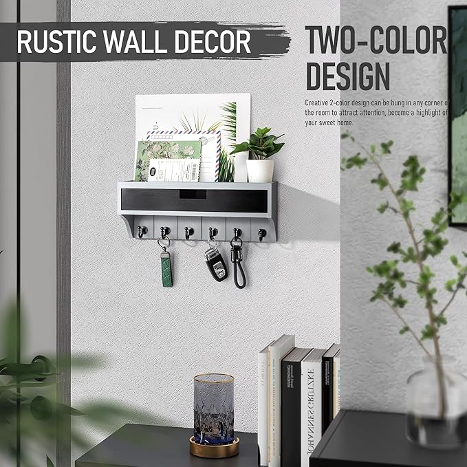 Rebee Vision Modern Pine Wood Key Holder Wall Mount with Drawer Organizer - Stylish Mail Organizer with 6 Key Hooks & Wall Shelf - Modern Apartment Essentials for Room Decor (Gray & Black)