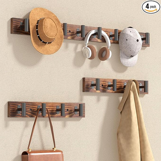 4 Pack Coat Rack Wall Mount, Rustic Coat Hooks Wall Mounted with 16 Black Metal Heavy Duty T Shaped Hooks, Pine Soild Wood Large Coat Hanger for Entryway, Living Room, Bathroom