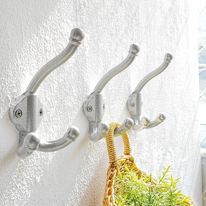 Dseap Cast Iron Wall Hooks L=5”, Heavy Duty Coat Hooks, Rustic Vintage Farmhouse Hook for Hanging Winter Coats Jackets Towels Hats Bags Plants, Silver, Pack of 10 (GripBold)