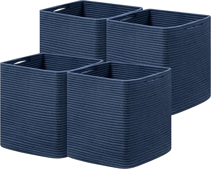 joybest 13x13x13 Inch Cube Storage Bins Set of 4, Cotton Rope Woven Organizer Basket for Shelves, Cube Bin Square Shelves Organizer Closet Storage, Nursery, Toy Organization, Navy Blue