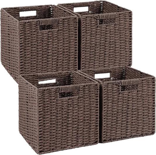 Woven Wicker Storage Baskets 4-Pack, 11x11 Handwoven Paper Rope Organizer Bins, Foldable Cube Storage Cubes with Built-in Handles for Shelves and Closet Organization(Dark Brown）