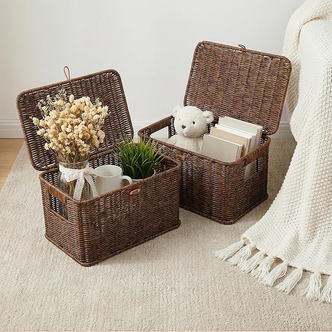 Nonam Wicket Basket with Lid, Large Shelf Baskets for Boho Deco, Plastic Storage Organizer Bins-Stackable Containers Boxes for Home & Office Shelves, Kitchen, Garage and Bathroom Organization, Brown