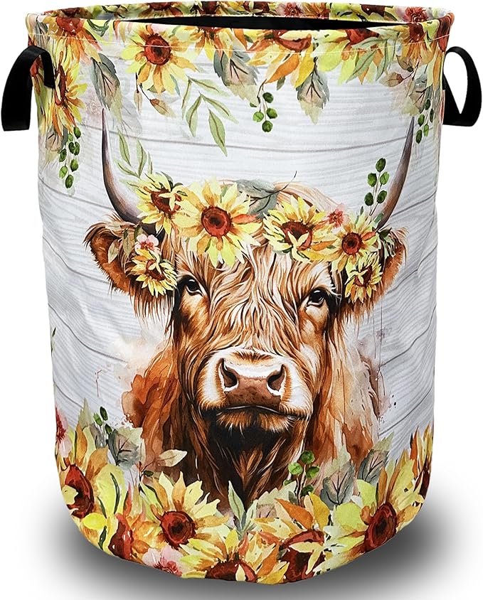 Sunflower Highland Cow Laundry Basket Foldable With Handles Tote Bag Oxford Cloth Funny Animal Laundry Hamper Clothes Storage Bucket Toy Organizer 18.9"x16.5" For Bathroom/Laundry/Bedroom
