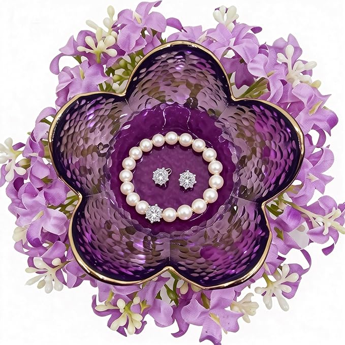 Mini Flower Ring Plate Jewelry Storage Tray Ring Holder for Dressing Table, Bedside Table, Room Bathroom Decoration, Cute Valentine's Day Christmas Birthday Gift for Women (purple flower)