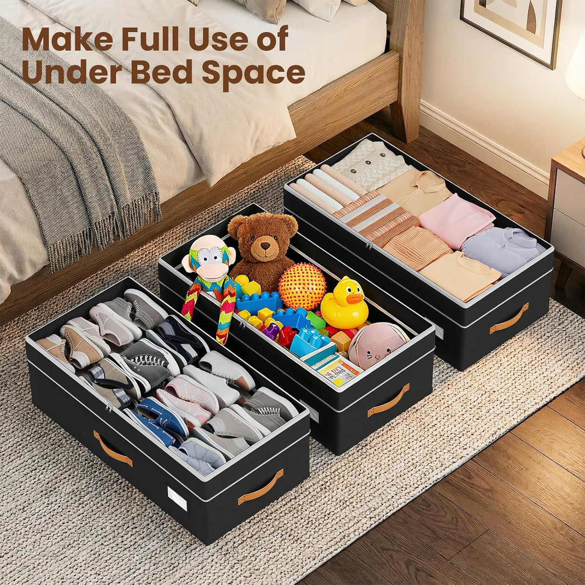 Budding Joy 80L 2 Pack Adjustable Under Bed Storage with Wheels Underbed containers with clear lids, rolling under bed shoe storage organizer for dorm home clothes, blankets, toys, black