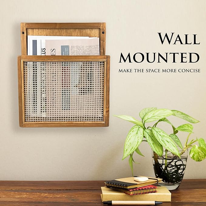 Wooden Wall Mounted Magazine Rack, Boho Style Wall File Organizer, File Holder For Entryway Living Room Kids’ room and Office, Magazine Holder, Hanging Mail Organizer (Brown)