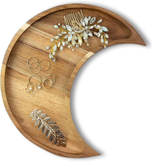 Acacia Wood Moon Crystal Display Tray - Natural Wooden Altar Tray 10.5" x 5" for Crystals and Stones Storage - Solid Wood Jewelry Organizer Dish - Boho Bedroom Decor