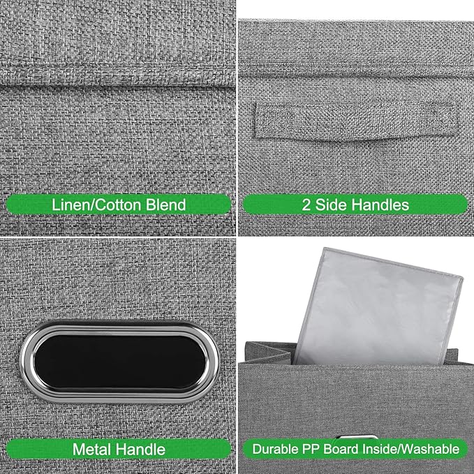 Linen Fabric Collapsible Storage Bins with Removable Lids and Handles, Washable Storage Box Containers Baskets Cube with Cover for Bedroom,Closet,Office,Living Room,Nursery (Grey, Medium)
