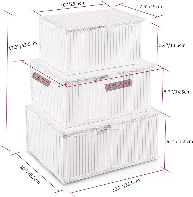 Honygebia Bamboo Decorative Storage Boxes - Set of 3 Woven Lined Storage Basket with Lids, White Wicker Lidded Baskets for Home Kitchen Shelf Organizer Decor
