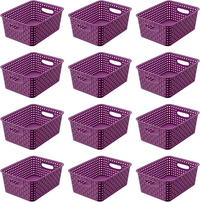 Dark Purple Organizing Baskets, Stackable Pantry Organizers and Basket Set of 12, Plastic Storage Baskets for Shelves, Classrooms, Kitchens, Laundry Room, Bathrooms and Bedrooms