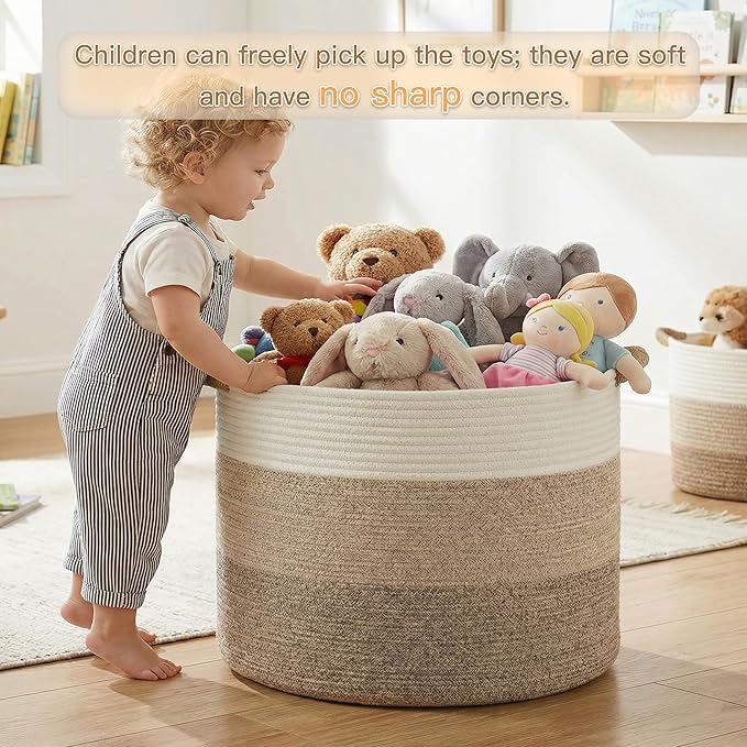 100L Large Cotton Rope Basket, Decorative Woven Blanket Storage for Living Room, Boho Toy Storage & Toy Box for Kids, Versatile Laundry Basket & Nursery Hamper for Blankets(BrownYellow)