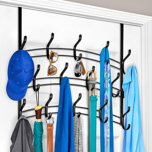 LYNK Professional® Home™ Over The Door Hooks - 28 Hook Over The Door Hanger - Over Door Coat Rack - Hanging Towels or Clothes - Bathroom, Bedroom or Laundry Room - Lifetime Ltd. Warranty – Black