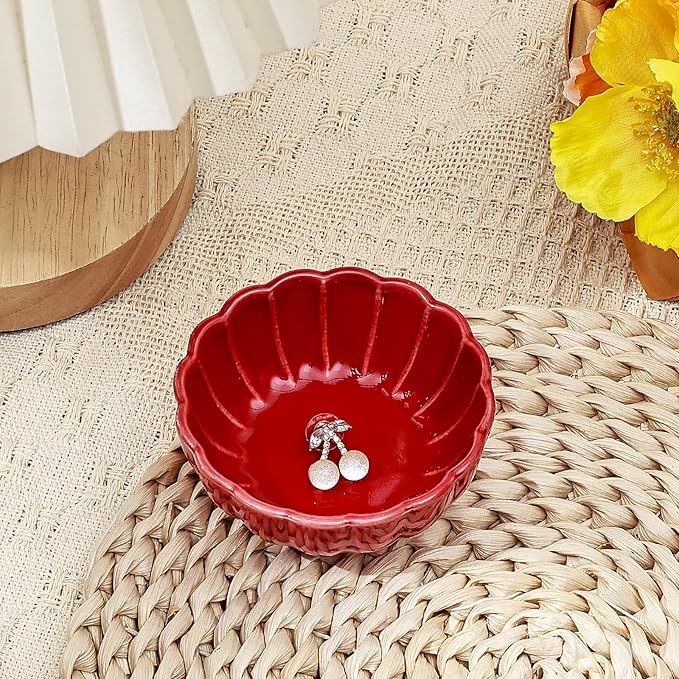Koythin 2-Piece Small Trinket Dish, Ceramic Jewelry Ring Dish, Flower Key Holder Bowl for Women, Decorative Plate Tray for Dresser, Home Decor Organizer Trinket Tray (Round Petal Flower, Red)