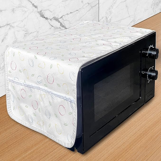 Ambesonne Colorful Microwave Oven Cover, Crayon Drawing Style Pattern with Different Fruits and Green Leaves Healthy Eating, Water Resistant Organizer with Pockets for Kitchen, 36" x 12", Blue Yellow