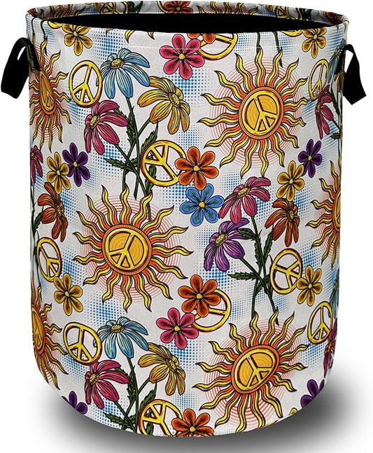 Colorful Hippie Peace Flowers Laundry Basket Foldable With Handles Tote Bag Oxford Cloth Funny Laundry Hamper Clothes Storage Bucket Toy Organizer For Bathroom/Laundry/Bedroom 18.9"x16.5 "