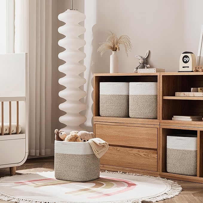joybest 11inch Cube Storage Bins Set of 4, Cotton Rope Woven Organizer Basket for Shelves, Cube Bin Square Shelves Organizer Closet Storage, Nursery, Toy Organization, Brown&White