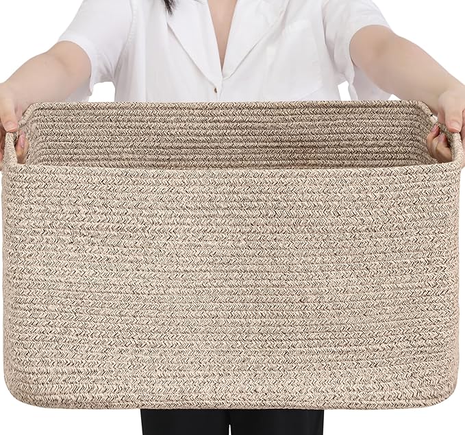 75L Large Blanket Basket, Woven Storage Baskets with Reinforced Handles, Rope Laundry Basket for Living Room, Bedroom, Nursery, Toys, Clothes,Pillows, 22â x 17â x 11.5â, Brown