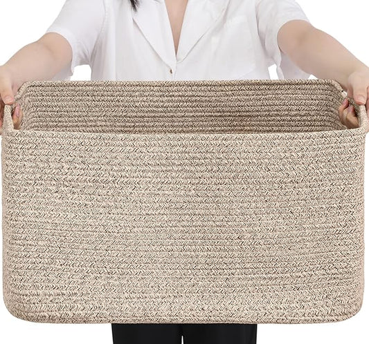 75L Large Blanket Basket, Woven Storage Baskets with Reinforced Handles, Rope Laundry Basket for Living Room, Bedroom, Nursery, Toys, Clothes,Pillows, 22â x 17â x 11.5â, Brown