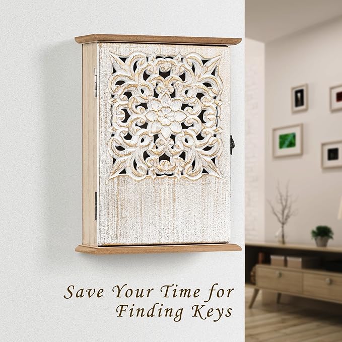 Key Holder for Wall Decorative Key Box Key Cabinet, Wooden Key Hooks Wall Mounted Key Hangers Rustic Key Rack with 6 Key Hooks for Home Office Entryway, Christmas Housewarming Gift