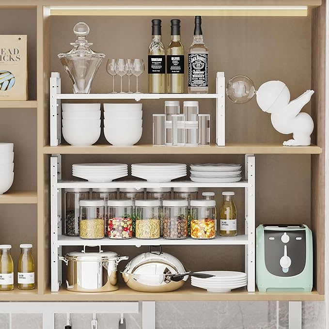 Expandable Shelf for Cabinet Organizer Adjustable Stackable Spice Rack at Kitchen and Bathroom More, (1 Pack/White, Medium)