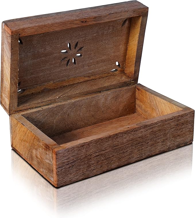 Mela Artisans Decorative Storage Box with Hinged Lid - Light Burnt, Medium | 7.5” x 4.5” x 3”, Rustic Serena Style|Crafted from Mango Wood|Ideal for Keepsakes, Trinkets, Jewelry and Tea Boxs, Book Box