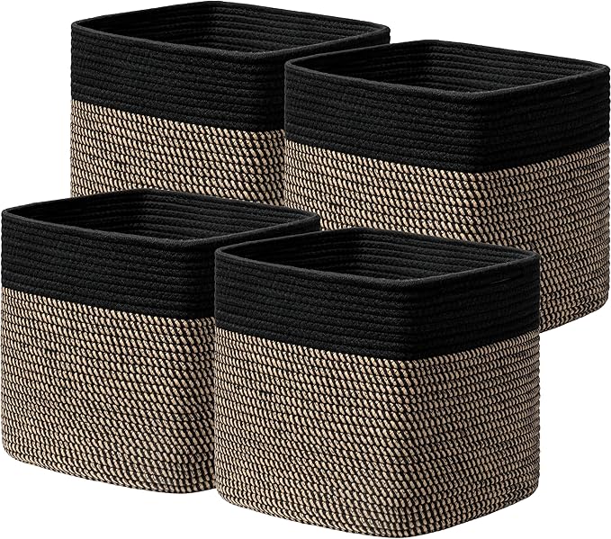 joybest 11inch Cube Storage Bins Set of 4, Cotton Rope Woven Organizer Basket for Shelves, Cube Bin Square Shelves Organizer Closet Storage, Nursery, Toy Organization, Black&Dark Brown