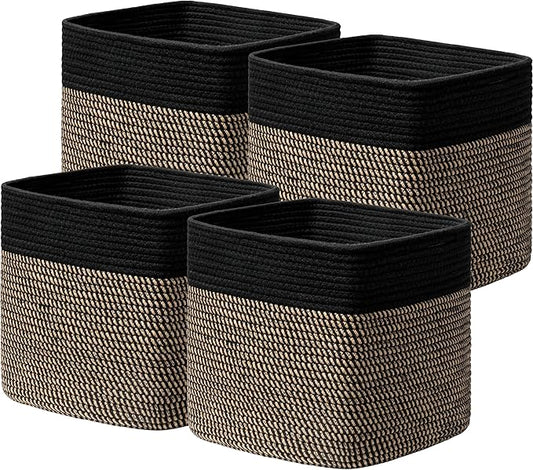 joybest 11inch Cube Storage Bins Set of 4, Cotton Rope Woven Organizer Basket for Shelves, Cube Bin Square Shelves Organizer Closet Storage, Nursery, Toy Organization, Black&Dark Brown