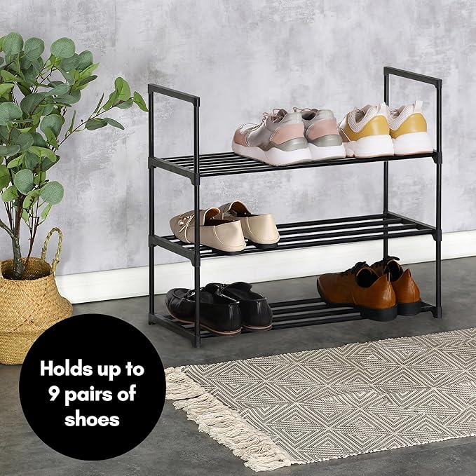 Americanflat Shoe Organizer - 3 Tier Shoe Rack Storage Shelf with Sturdy Steel Frame - Ideal for Closets, Entryways, or Garages - Space-Saving Design and Easy to Assemble - Black