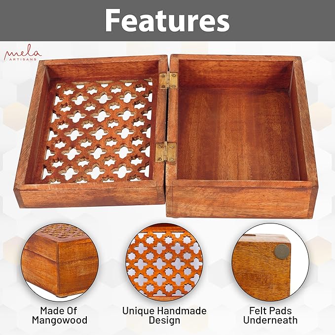 Mela Artisans Large Wooden Keepsake Box | Medium Polish Memory & Decorative Storage Box for Jewelry, Photos & Trinkets with Hinged Lid | vintage Storage Box | Trellis Design | 9 x 6 x 3.5