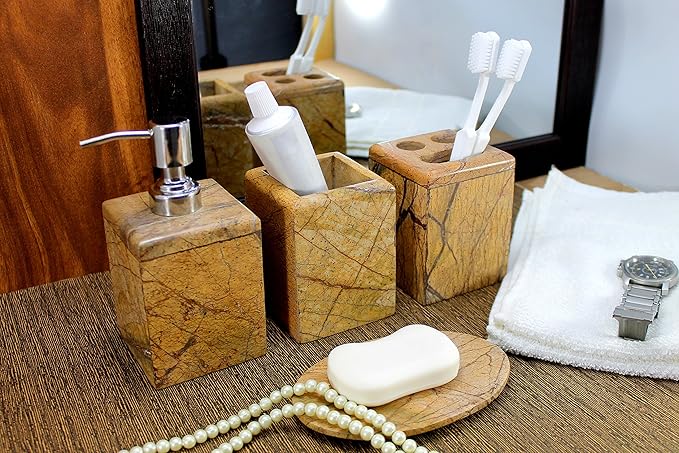 Bathroom Accessory Set Made from Natural Stone - Bath Accessories Set of 4 Includes Soap Dispenser, Toothbrush Holder, Tumbler and Soap Dish (Brown)