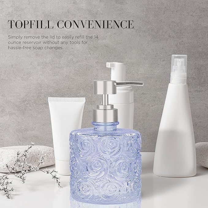 Marcella Glass Soap Dispenser with Soap Pump, Refillable 14 Ounce Capacity, Floral Design Rose Patterns, Heavy Weight Thick Glass for Bathroom, Premium Kitchen Soap Dispenser Cornflower Blue
