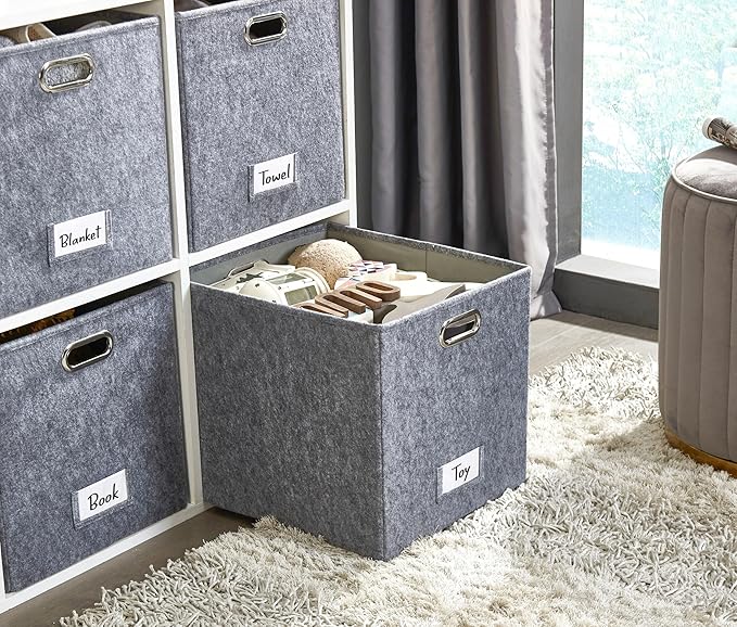 DECOMOMO Felt Storage Bins 13x15x13 Storage Cube Bins with Labels, Baskets for Organizing Shelves (Kallax / 3pcs, Dark Grey)