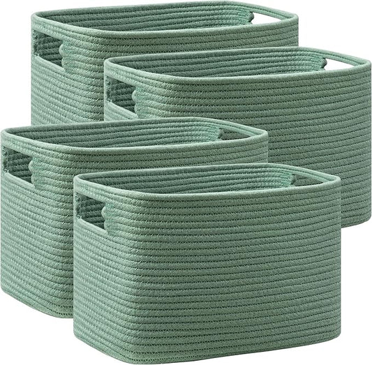 UBBCARE 4 Pack Storage Baskets for Organizing, Shelf Baskets with Handles, Woven Storage Baskets for Bookcase/Cube Shelf/Closet, 14.5"L x 9.8"W x 9"H, Green
