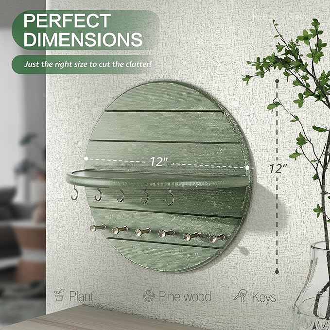 Rebee Vision Pine Wood Key Holder Wall Mount for Farmhouse & Boho Decor – Key and Mail Organizer with Shelf and 11 Hooks – Decorative Wall Organizer for Room, Kitchen & Living Room Decor (Green)
